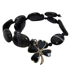 Shamrock Clover Black Oval Glass Wire Bracelet